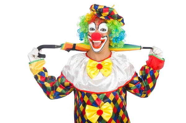 Clown med paraply isolerad på vitt — Stockfoto