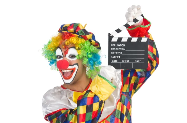 Clown with movie board on white — Stock Photo, Image