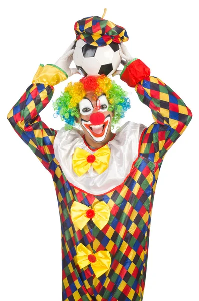 Clown avec ballon de football sur blanc — Photo