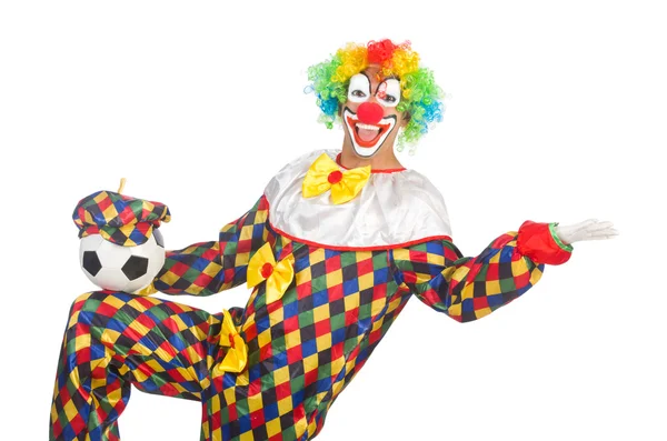 Clown with football ball on white — Stock Photo, Image