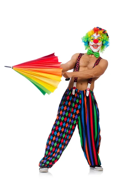 Clown with umbrella isolated on white — Stock Photo, Image