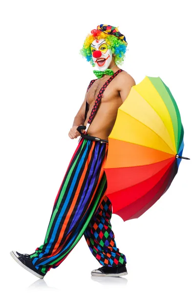 Clown with umbrella isolated on white — Stock Photo, Image