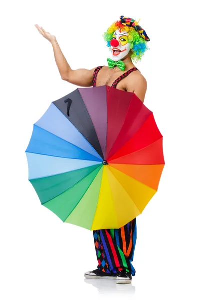 Clown with umbrella isolated on white — Stock Photo, Image