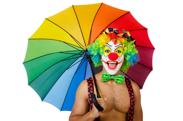 Clown with umbrella isolated on white — Stock Photo, Image