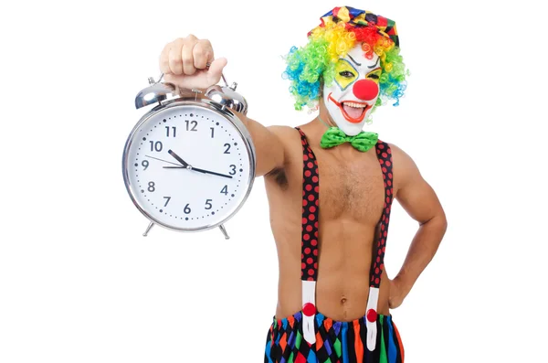 Клоун с будильником на белом — стоковое фото