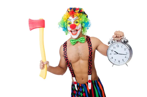 Clown with clock and axe on white — Stock Photo, Image