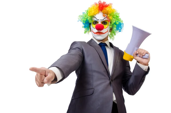 Clown uomo d'affari con altoparlante su bianco — Foto Stock