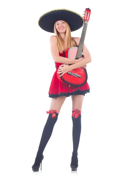 Woman in sombrero hat with guitar — Stock Photo, Image