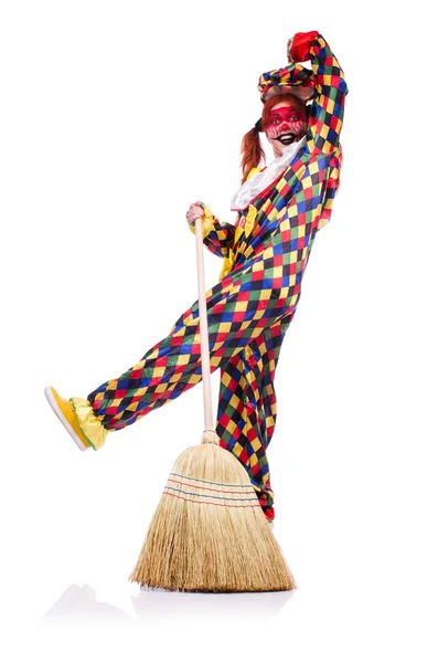 Clown with broom isolated on white — Stock Photo, Image