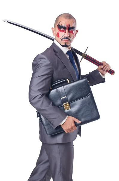 Geschäftsmann mit Schwert auf weißem Hintergrund — Stockfoto