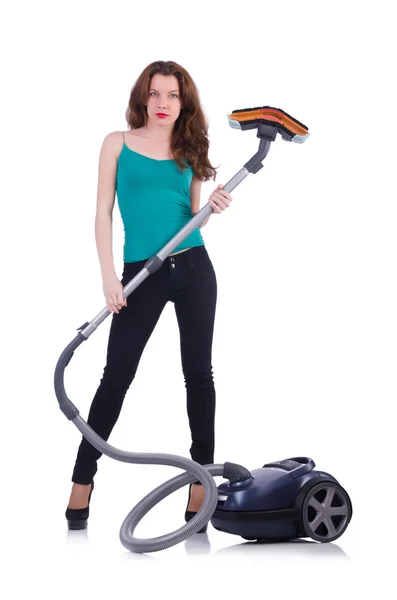 Young woman with vacuum cleaner on white — Stock Photo, Image