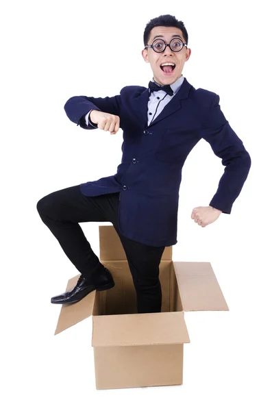 Businessman with box isolated on the white Stock Photo