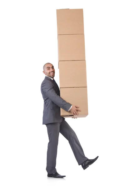 Businessman with box isolated on the white — Stock Photo, Image