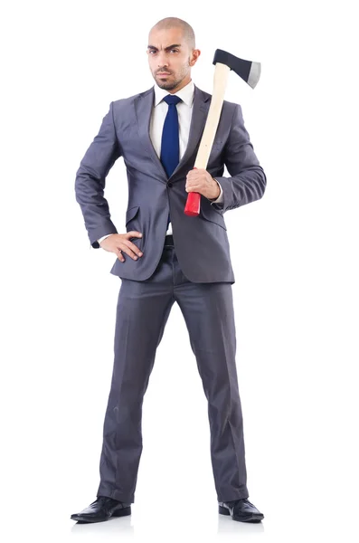Empresário engraçado com machado em branco — Fotografia de Stock