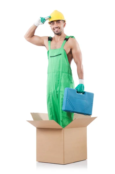 Mann in Overalls mit Schachteln — Stockfoto