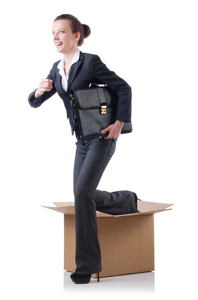 Woman with boxes on white — Stock Photo, Image