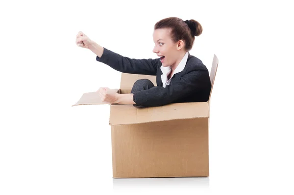 Woman businesswoman with boxes on white — Stock Photo, Image