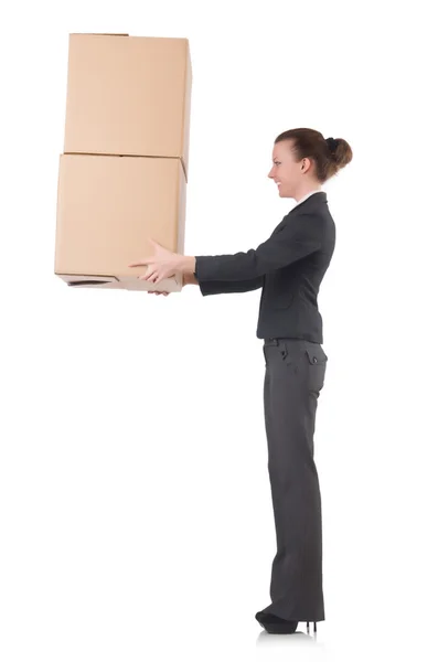 Mujer mujer de negocios con cajas en blanco — Foto de Stock