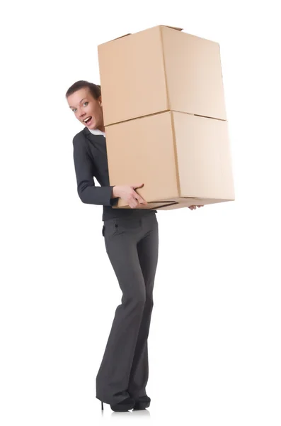 Woman businesswoman with boxes on white — Stock Photo, Image