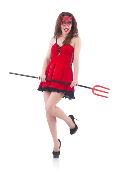 Donna come diavolo rosso nel concetto di Halloween — Foto Stock