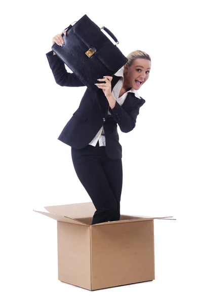 Woman with box on white — Stock Photo, Image