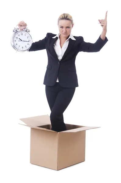 Woman with clock in the box — Stock Photo, Image