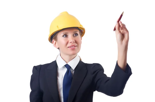Woman builder pressing virtual buttons Stock Picture