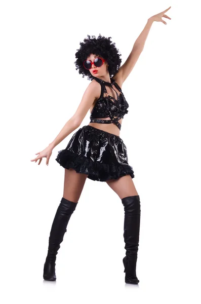 Dancing woman in black leather costume — Stock Photo, Image