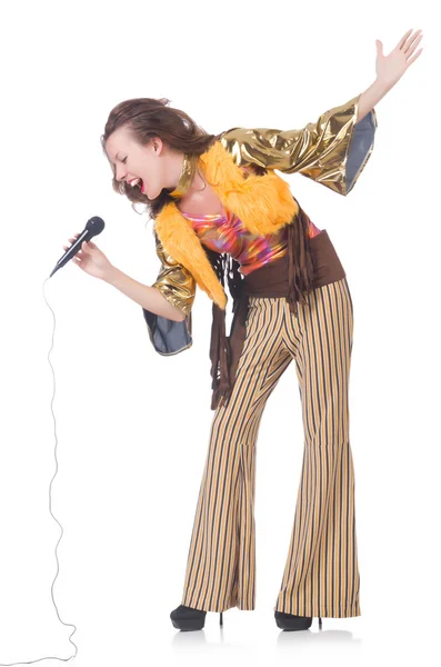 Woman in spanish clothing with mic — Stock Photo, Image