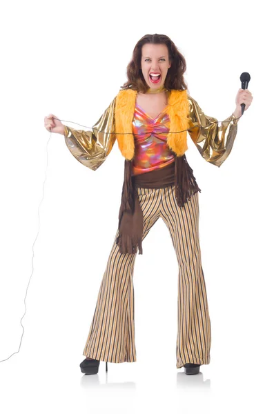 Kobieta w hiszpańskiej odzieży z mikrofonem — Zdjęcie stockowe