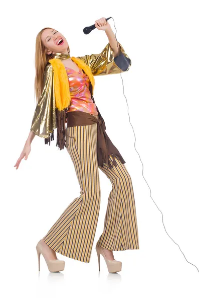 Mulher em roupas espanholas com microfone — Fotografia de Stock