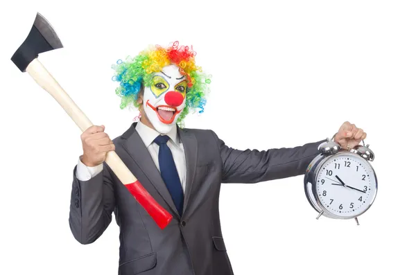 Geschäftsmann Clown mit Axt und Wecker — Stockfoto