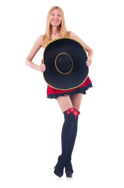 Model in red dress wearing sombrero — Stock Photo, Image