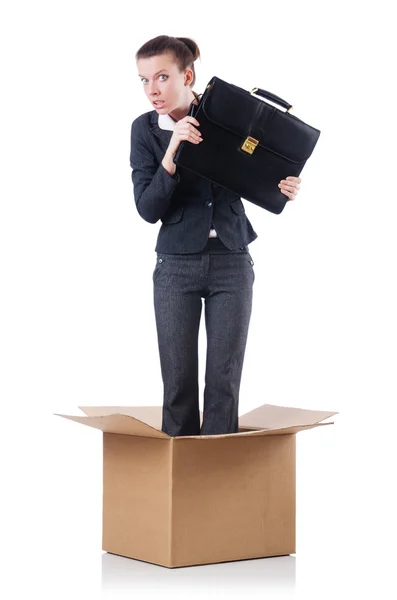 Woman with box on white — Stock Photo, Image