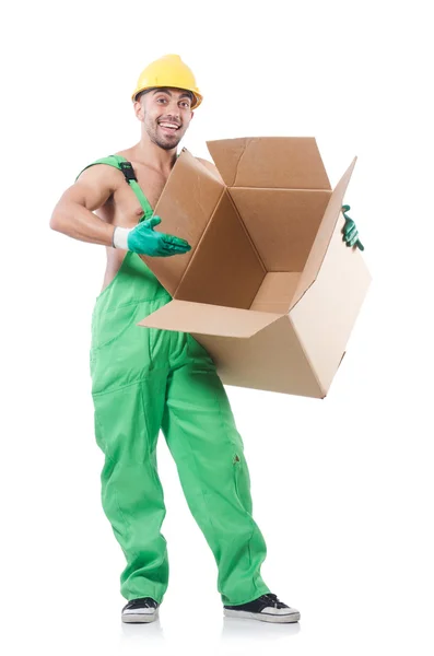 Hombre en mono con caja —  Fotos de Stock