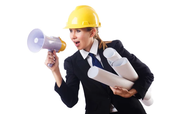 Female construction worker with loudspeaker — Stock Photo, Image