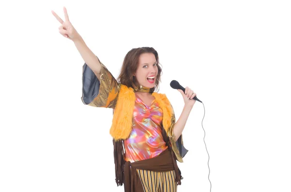Žena ve španělském oblečení s mikrofonem — Stock fotografie
