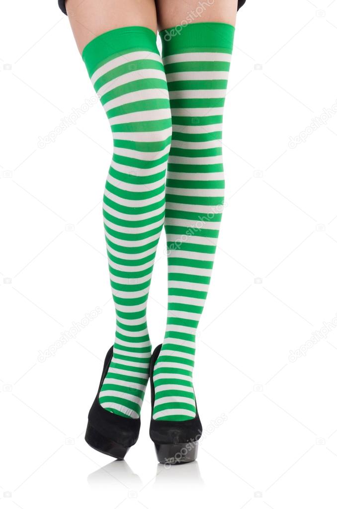 Woman legs with stripes stockings