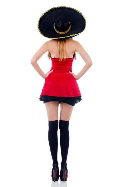 Model in red dress wearing sombrero — Stock Photo, Image