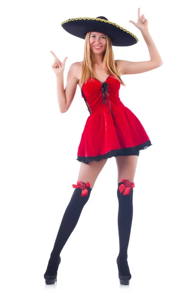 Model in rode jurk dragen sombrero — Stockfoto