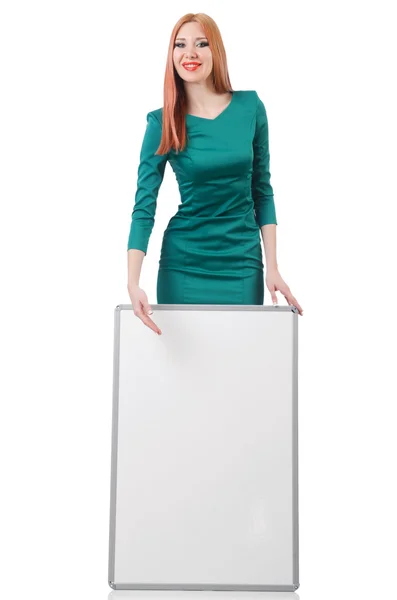 Mujer en vestido verde con tablero en blanco —  Fotos de Stock