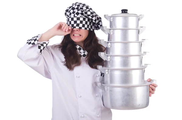 Cook with stack of pots — Stock Photo, Image