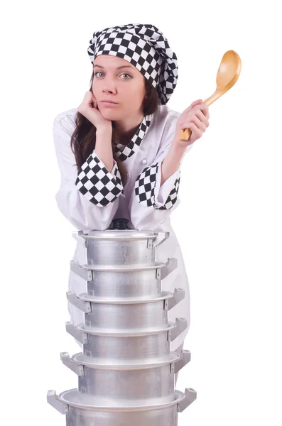 Cook with stack of pots — Stock Photo, Image