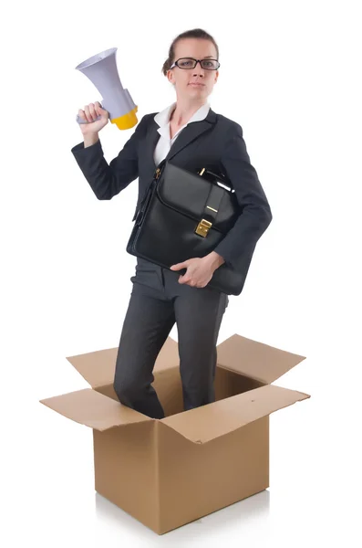 Businesswoman into box with loudspeaker — Stock Photo, Image