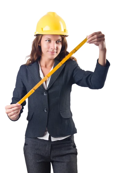 Woman builder with measuring tape — Stock Photo, Image