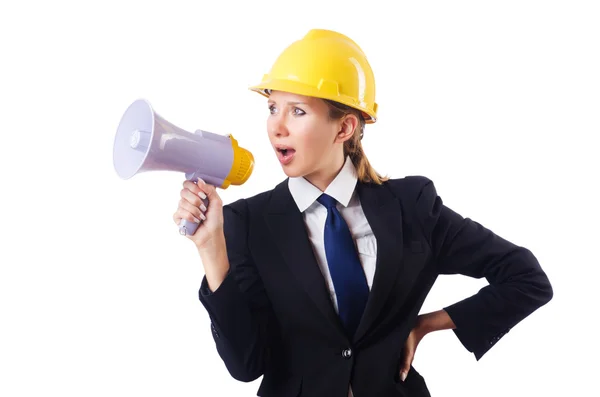 Female construction worker with loudspeaker — Stock Photo, Image