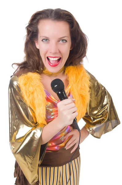 Женщина в испанской одежде с микрофоном — стоковое фото