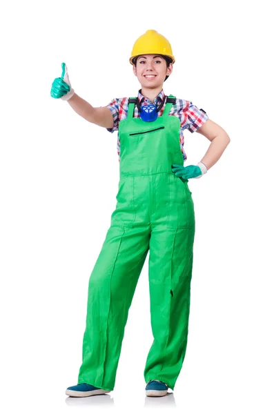 Junge Frau in grünen Overalls — Stockfoto