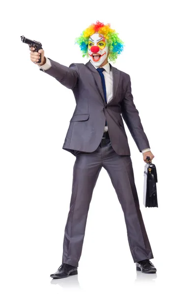 Affärsman clown med pistol — Stockfoto