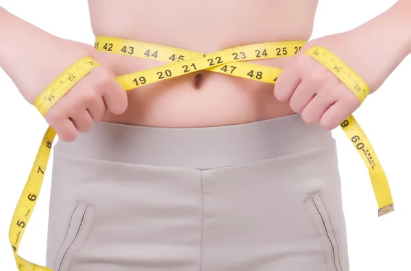 Chica joven con centímetro en concepto de dieta —  Fotos de Stock
